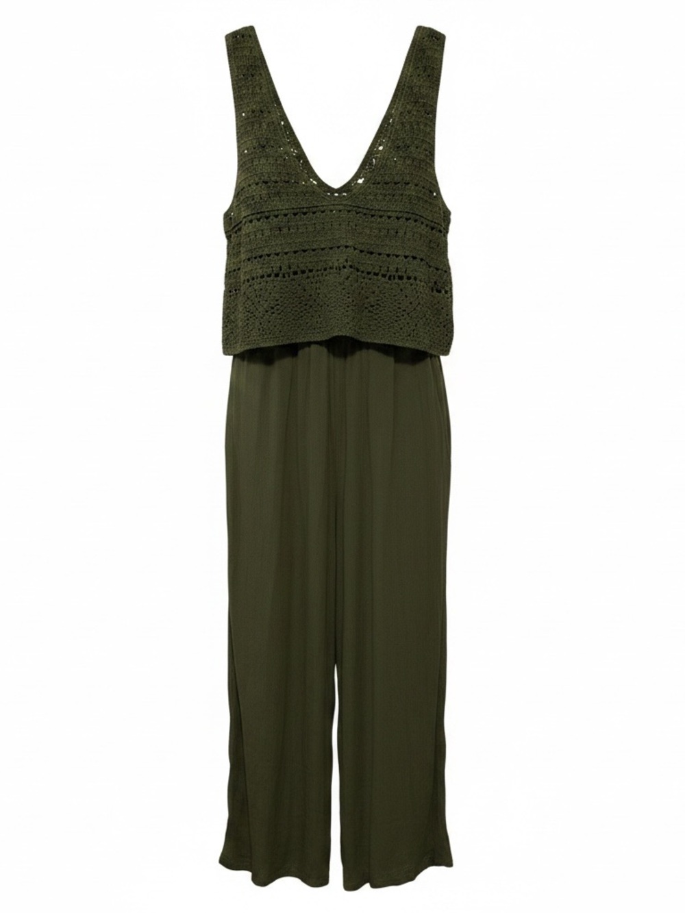 Maurices Boho Festival Travel Olive Crochet V-Neck Wide-Leg Jumpsuit Size Small